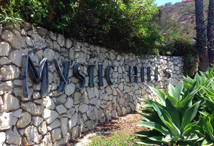 Mystic Hills community sign in Laguna Beach, California